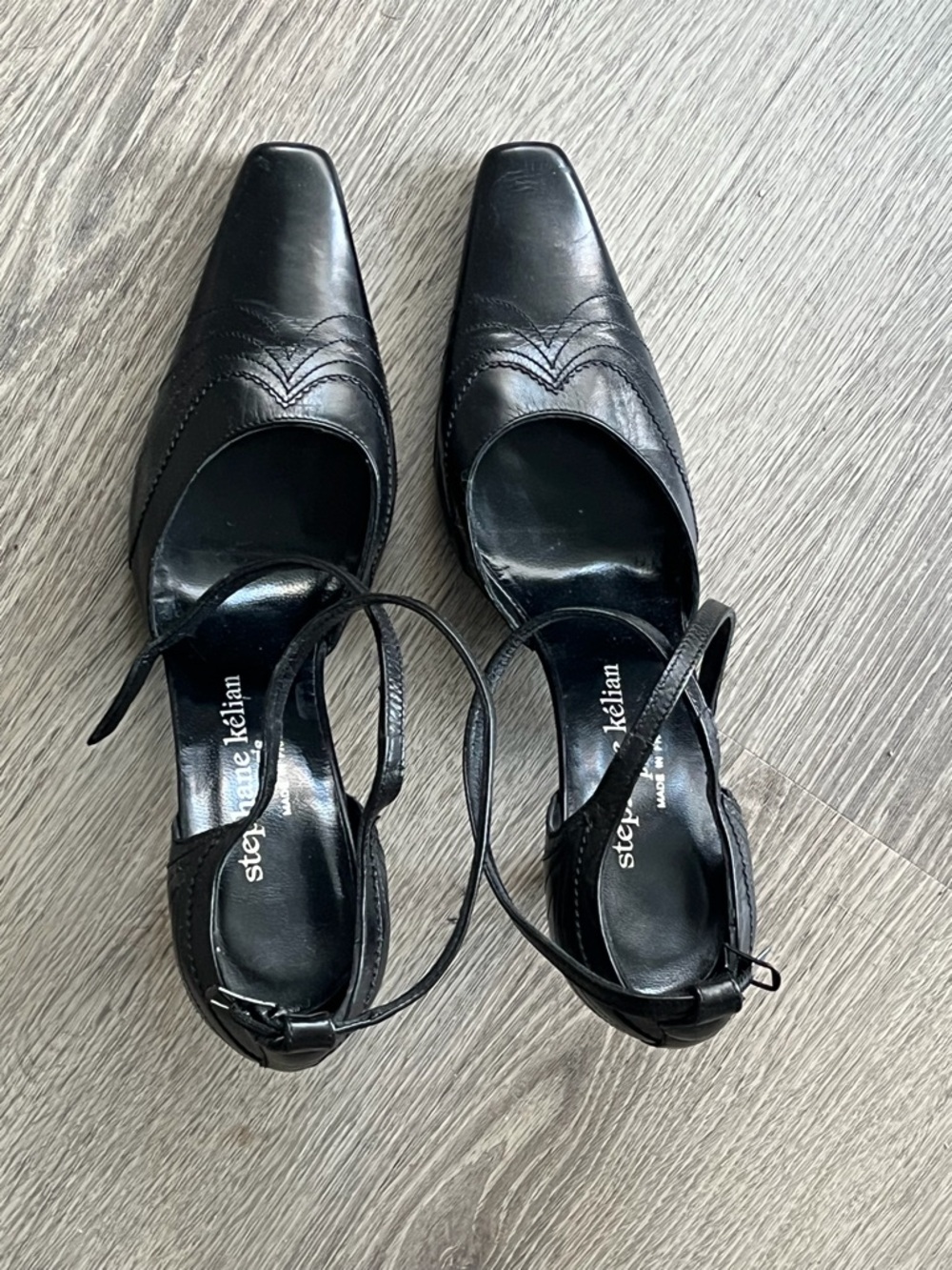 Stephane Kelian Black Leather Ankle-Strap Pumps with Pointed Square Toe - Picture 6 of 6